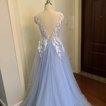 Baby Blue Promenadzie Suknelė Tiulio Dramblio Kaulo Nėrinių Aplikacijos 2020 Ilgai, V Kaklo, Rankovių Linija, Valymo Traukinio Vakare Šalis Suknelė Vaikščioti Šalia Jūsų
