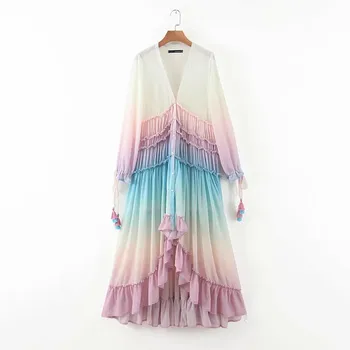 Vasaros mados gradiento spalvos aukštos juosmens plisuotos ilgos suknelės 2020 m stilingas panele ilgomis rankovėmis lankas domino raukiniai grindų suknelė