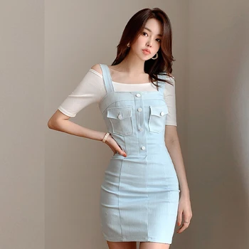 Korėjos Mados Elegantiškas Plonas Vest Džinsinio audinio Dirželis Suknelė Moterų Berankovis Vasaros Mini Bodycon Suknelė Vestidos Mėlyna Seksualus Moterų Suknelės