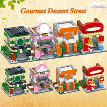 Miesto Gatvės Mini Bircks Desertas Gatvės Azijos Maisto Gatvės Drabužiai, Gatvės, Architektūra, 3D Modelį, Statyba Blokai Žaislai Vaikams