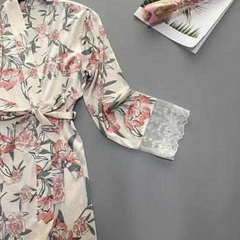 Skraiste Femme Šilko Sleepwear Satino Chalatas Kimono Namų Suknelė Gėlių Skraiste Derliaus Seksuali Miego Lounge Elegantiškas Naktį Dėvėti Moterims