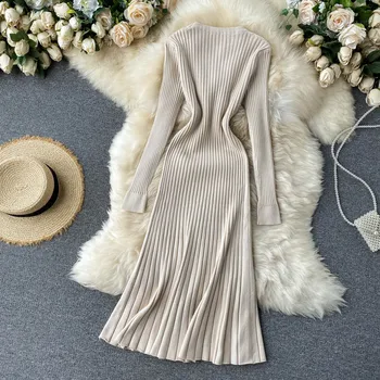 Croysier Suknelės Moterims 2020 Ilgomis Rankovėmis Briaunoti Megzti Žiemos Dress Raišteliu Elegantiškas Midi Suknelė Atsitiktinis Šiltas Megztinis Suknelė