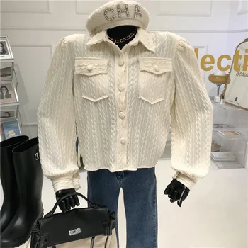 3Vintage tekstūros Atvartas burbulas rankovėmis Megzti Viršų Moteris Rudens/Žiemos 2020 Naujas Elegantiškas mados pečių trinkelėmis džemperis cardigan