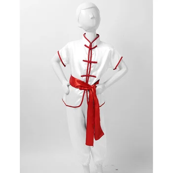 Unisex Wushu Kostiumas Satino Kung Fu Kostiumai Kovos Menų Uniformas, Kinų Tradicinė trumpomis Rankovėmis, Marškinėliai, Topai su Diržais, Kelnes Rinkinys