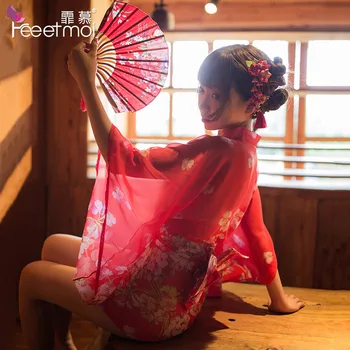 Aukštos klasės Japonų drabužių, Retro kimono raudona atspausdintas šifono seksualus vienodas Bowknot apdailos moteris erotika cosplay suaugusiųjų žaidimas