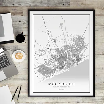 Somalio Kūrybos miesto žemėlapį Mogadishu Abstrakčios Drobės Paveikslai Juodos ir baltos Sienos Meno Spausdinti Plakato Nuotrauką Namų Puošybai