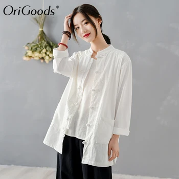 OriGoods Kinų stiliaus Marškinėliai 2020 Naujas ilgomis rankovėmis Marškinėliai Balti Medvilniniai Skalbiniai Vintage Marškinėliai Moterims Palaidinė Chi, Marškinėliai, Topai C318