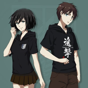 Atsitiktinis Marškinėliai Vyrams Anime Ataka Titan Eren Mikasa Cosplay Moterys Vyrai Gobtuvu marškinėliai trumpomis Rankovėmis Viršūnes Tee