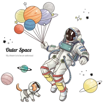 3D Astronautas Nuimamas Sienų Lipdukai Kūrybos Erdvėlaivis, Erdvę Planetos Balionas Decal vaiko Kambario Cartoon vaikų Darželis Lipdukas