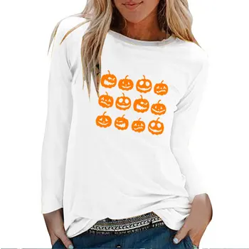 Moliūgų Emocijas Spausdinti Helovinas Long Sleeve T-shirts Moteris Rudens-Žiemos Grafinis Tees Juokingi Marškinėliai Moterims Atsitiktinis Ropa Mujer
