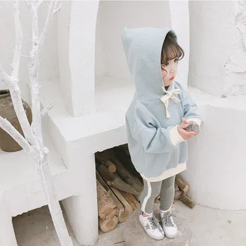 2019 m. Pavasarį Naują Atvykimo korėjos stiliaus medvilnės prarasti dryžuotas visas rungtynes, atsitiktinis mados gobtuvu hoodie mielas sweet baby mergaitės