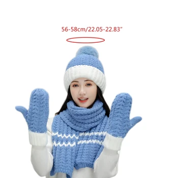Moterų Žiemos 3Pcs Pliušinis Pamušalu Kontrasto Spalvų Beanie Skrybėlių Ilgas Šalikas Pirštinės Nustatyti R3MC