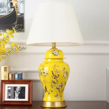 Kinijos paprasta keramikos vaza miegamojo puošmena stalo lempa geltona gėlė paukščių tapybos drobę, lempų gaubtų LED E27 vario stalas šviesos