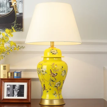 Kinijos paprasta keramikos vaza miegamojo puošmena stalo lempa geltona gėlė paukščių tapybos drobę, lempų gaubtų LED E27 vario stalas šviesos