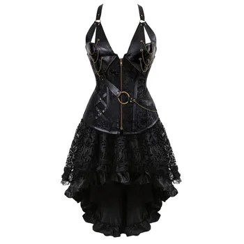 15 steampunk bustier korsetas suknelė plius dydžio juodos rudos spalvos užtrauktukas juoda faux odos korsetas su sijonu, gothic punk parodijos piratų