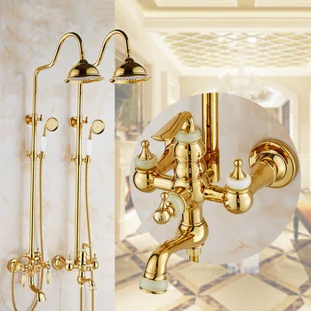 2 Stiliaus auksu jade lietaus dušo maišytuvas maišytuvas bakstelėkite, Žalvario diamond dušo maišytuvas galva, Vonios dušo maišytuvas, montuojamas prie sienos