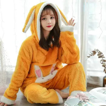 2020 m. Žiemos Mielas Triušis mergina stiliaus Namo Kawaii pajama nustatyti Harajuku Rožinis Pliušinis stiliaus moterų šilumos pižama dviejų dalių komplektas Viršūnės