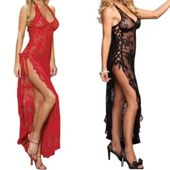 Seksualus apatinis Trikotažas Nėrinių Suknelė Raudona Juoda Ilgai Nėrinių Suknelė S-6XL Apynasrio ir Pusės Split Skaidrus Suknelė