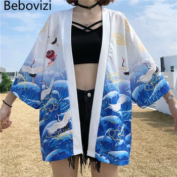 Bebovizi Japonijos Krano Spausdinti Baltas Kimono Moterų Harajuku Hip-Hop Mados Atsitiktinis Streetwear Striukė Vasaros Megztinis Vyrams Yukata