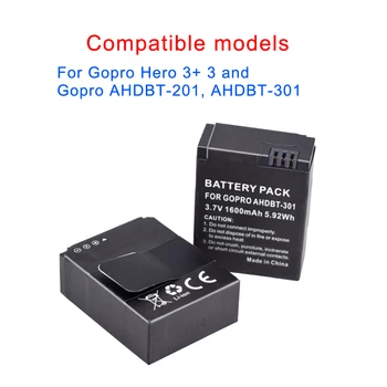 2vnt 3.7 v 1600mAh akku Go Pro hero 3/3 + baterijos AHDBT-301 AHDBT301 AHDBT-201 dėl gopro HERO3 gopro3 3 + dalys, didmeninė prekyba