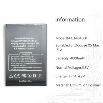 Už DOOGEE X5 MAX X5max Pro 4000mAh Mobiliojo Telefono Bateriją DOOGEE X5 MAX X5max Pro Baterija BAT16484000