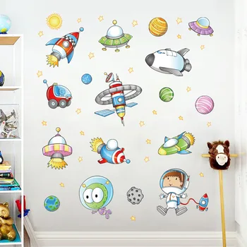 Kosmoso Astronautas Animacinių filmų sienų lipduko vaikų kambario Kosmoso Planetos, Galaktikos kosminis laivas dekoratyvinis wallstickers 
