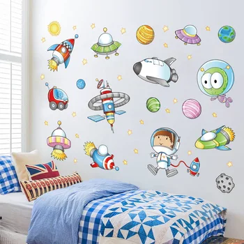 Kosmoso Astronautas Animacinių filmų sienų lipduko vaikų kambario Kosmoso Planetos, Galaktikos kosminis laivas dekoratyvinis wallstickers 