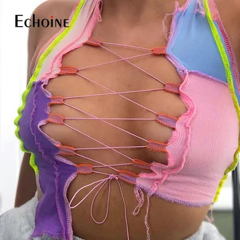 Echoine seksualus tuščiaviduriai iš moterų bako viršuje dryžuotas kratinys sutraukimo juostelę briaunuoti rankovių tvarstis mados partywear fitneso drabužius