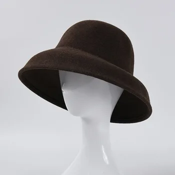 Naujas Moterų Derliaus Vilnonių Top Hat Hepburn Stiliaus Fedoras Skrybėlę Ponios Black Wide Kraštų Kibirą, Kepurės Didmeninė