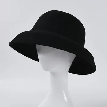 Naujas Moterų Derliaus Vilnonių Top Hat Hepburn Stiliaus Fedoras Skrybėlę Ponios Black Wide Kraštų Kibirą, Kepurės Didmeninė