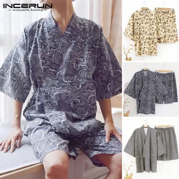 INCERUN Vyrų Pižama Rinkiniai Spausdinti Kimono Kostiumas Minkštas Homewear trumpomis Rankovėmis Viršūnes & Šortai Japonų Stiliaus Vyrų Sleepwear Rinkiniai Plius Dydis