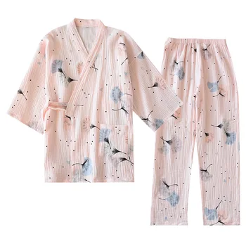 2021 m. Pavasario ir Vasaros Grynos Medvilnės Verpalai Kimono Pižama V-Kaklo Spausdinimo Plius Dydis Pijama Mujer Loungewear Moterys 2 Gabalas Sleepwear