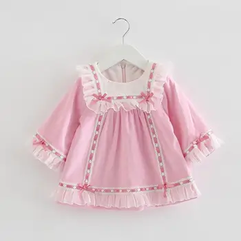 Baby Girl Ispanijos Ilgomis Rankovėmis Suknelės Mergaitės Medvilnės Rožinė Suknelė Rudenį Vaikai Boutique Frock Bamblys Gimtadienio Dovana