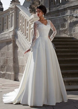 Naujas Atvykimo V-Kaklo, ilgomis rankovėmis vestuvių suknelės 2021 Vestido de novia gelinlik nuotakos suknelė Pigūs paplūdimys vestuvių suknelė