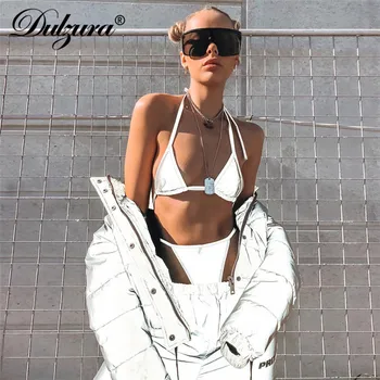 Dulzura flash atspindintis Bralette pasėlių bako viršuje 2018 seksuali moteris streetwear reguliuojamas dirželis camis kostiumas T-atgal naktinis klubas mados