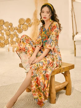 Tailando Nacionalinio Retro Stiliaus Išsiuvinėti Ilga Suknelė Bohemijos Spausdinti Holiday Beach Suknelė Ju Raudona Kelionės Suknelė Moterims