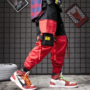 Vyrai juoda raudona kratinys hip-hop krovinių kelnės vyras Japonija stiliaus multi kišenės sweatpants poilsiu
