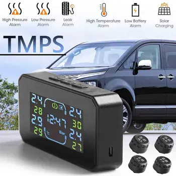 Automobilių Sunkvežimių PSSS LCD Saulės Mikroautobusų Priekabos Padangų Slėgio VolumeTyre Temperatūros Stebėjimo, Signalizacijos Sistema su 4 Išorinių Jutiklių