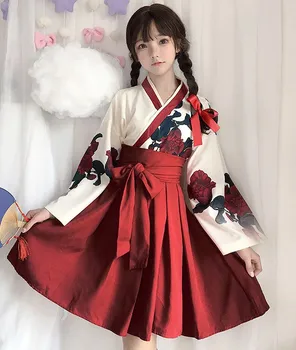 Preppy stilius studentų Hanfu retro saldus lolita nustato v-kaklo, plisuotos viktorijos spausdinimo kawaii girl loli cos gothic lolita kimono