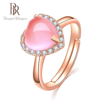 Bague Ringen Širdies Akmuo Sukurta Pink Rose Kvarco Reguliuojamas Žiedas 925 Sterlingas Sidabro Papuošalai Moterims Vestuvių