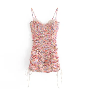 2021 Naujas Mados Vasaros Moteris Slim Gėlių Spausdinti Elegantiškas Satino Atostogų Diržas Mini Suknelės Plisuotos Juosmens Apačios Klubo Suknelės