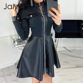 JaMerry Elegantiškas-line moterų office suknelė Atsitiktinis Stovėti apykaklės užtrauktukas, suknelė High street moterų trumpą suknelę rudenį 2020 naujas
