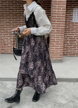 Senovinių Nėrinių Kratinys Ilga Suknelė Moterims Atsitiktinis Streetwear V-Kaklo Aukštos Juosmens Gėlių Spausdinti Tirštėti Prarasti Maxi Suknelės Korėjos Stiliaus