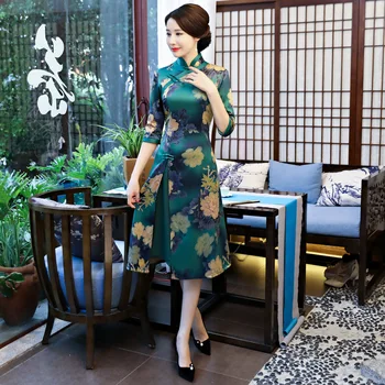Didelis Dydis XXXL Derliaus Spausdinimo Gėlių Moterų Qipao Elegantiškas Plonas Kinų Stiliaus Aodai Suknelė Vestidos Naujovė Šilkiniai Satino Cheongsam