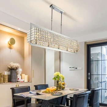 Šiuolaikinės krištolo sietynas, valgomasis kambarys stačiakampio virtuvės sala cristal šviesos armatūra prabangių namų dekoro patalpų apšvietimas