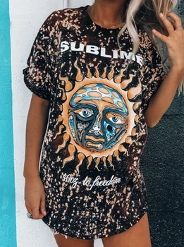 Marškinėliai WomenGraphic Streetwear Negabaritinių Trumpas Rankovės Harajuku Tee Marškinėliai Vasaros Moterų Mėnulis Saulės Spausdinti Prarasti Kaklaraištis Dažų Tshirts Viršūnės