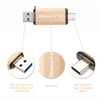 SunTrsi OTG USB 3.0 Flash Drive, Modelis C Pen Ratai 256 GB 128GB 64GB 32GB 16GB USB 3.0 Pendrive Tipo C Prietaisas