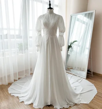 Kiek Vakarų Viktorijos Stiliaus Bohemijos Vestuvių Suknelės ilgomis Rankovėmis Aukštu Kaklu Šifono Vestuvinės Suknelės nuostabaus Grožio Vestidos ZW119