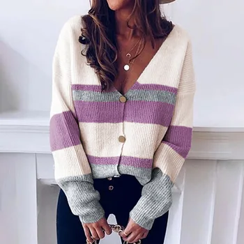 Spalvotas trikotažas 2020 m. rudens/žiemos naujas v apykaklės mygtuką dryžuotas prisiūta džemperis cardigan moterų rudenį mados