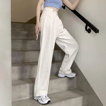 Aukštos Juosmens Ladys Prarasti Pločio Kojų Džinsai Atsitiktinis Streetwear Vaikinu Stilius Visas Ilgis Balta Mon Džinsus, Džinsinį Audinį Aukštosios Mados Kelnės